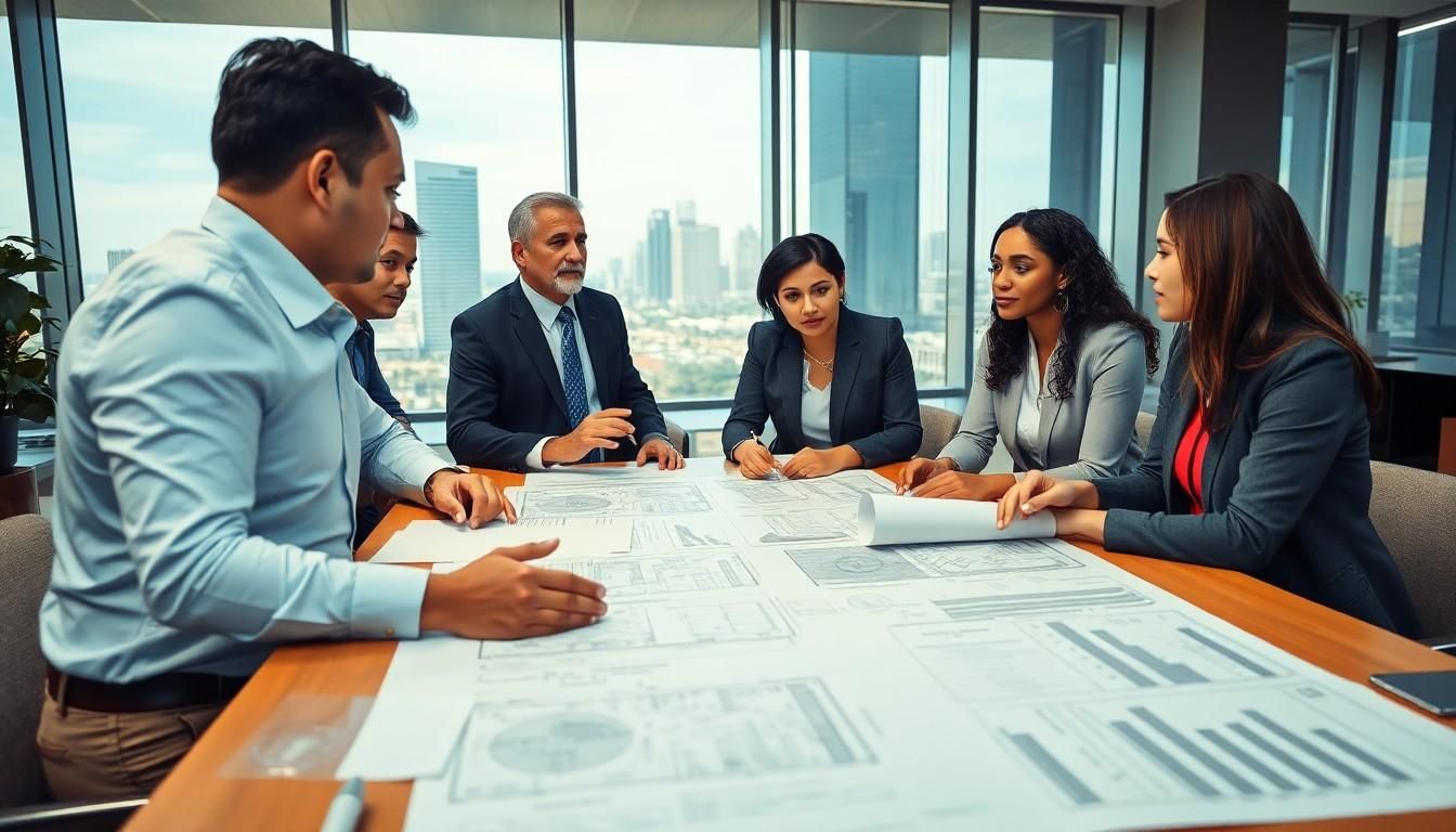 People sitting around a table, looking at a blue print