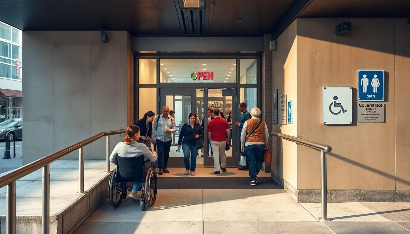 Woman in wheel chair and people walking through a walkway