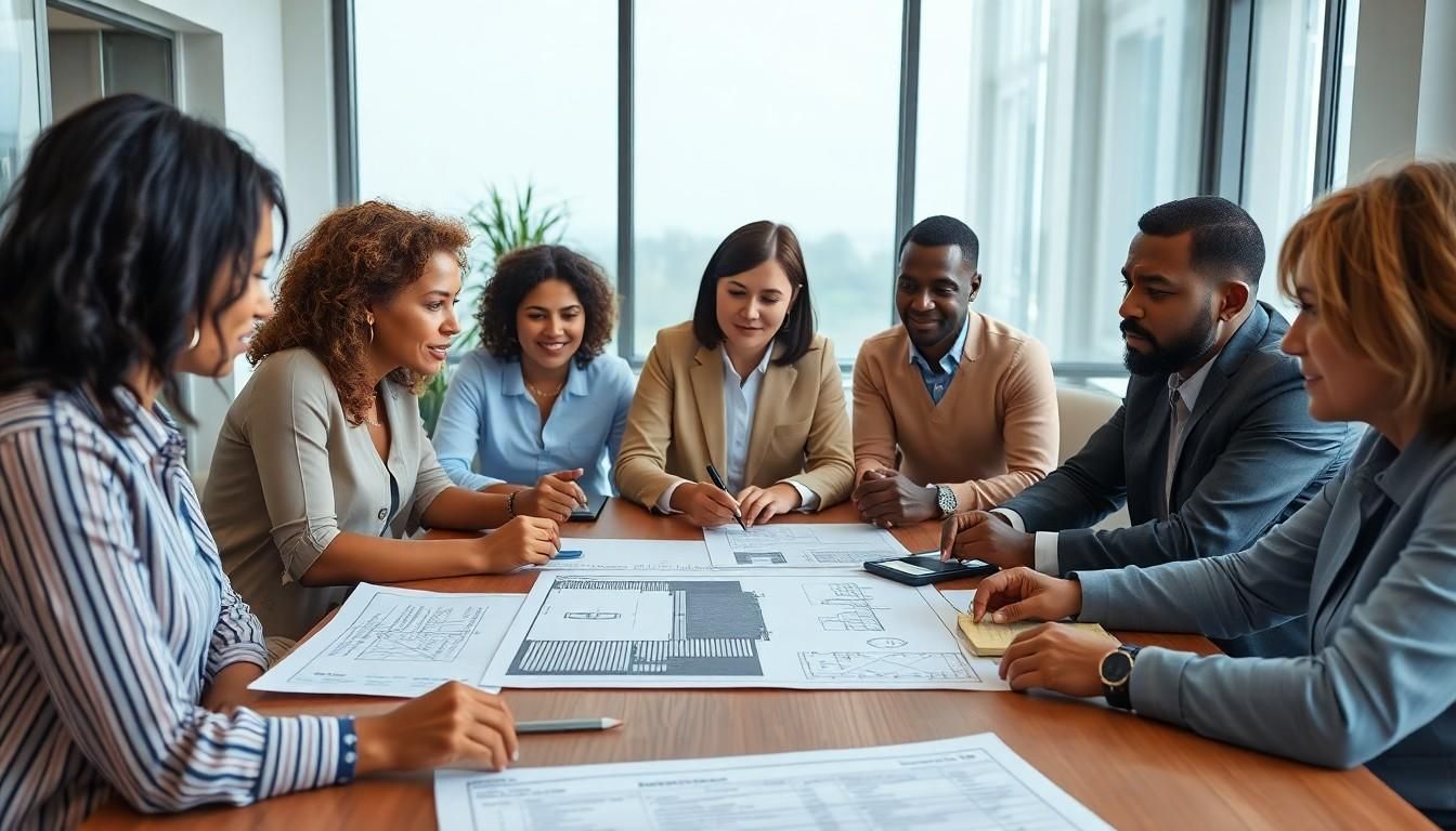 People sitting around a table, going through a building plan