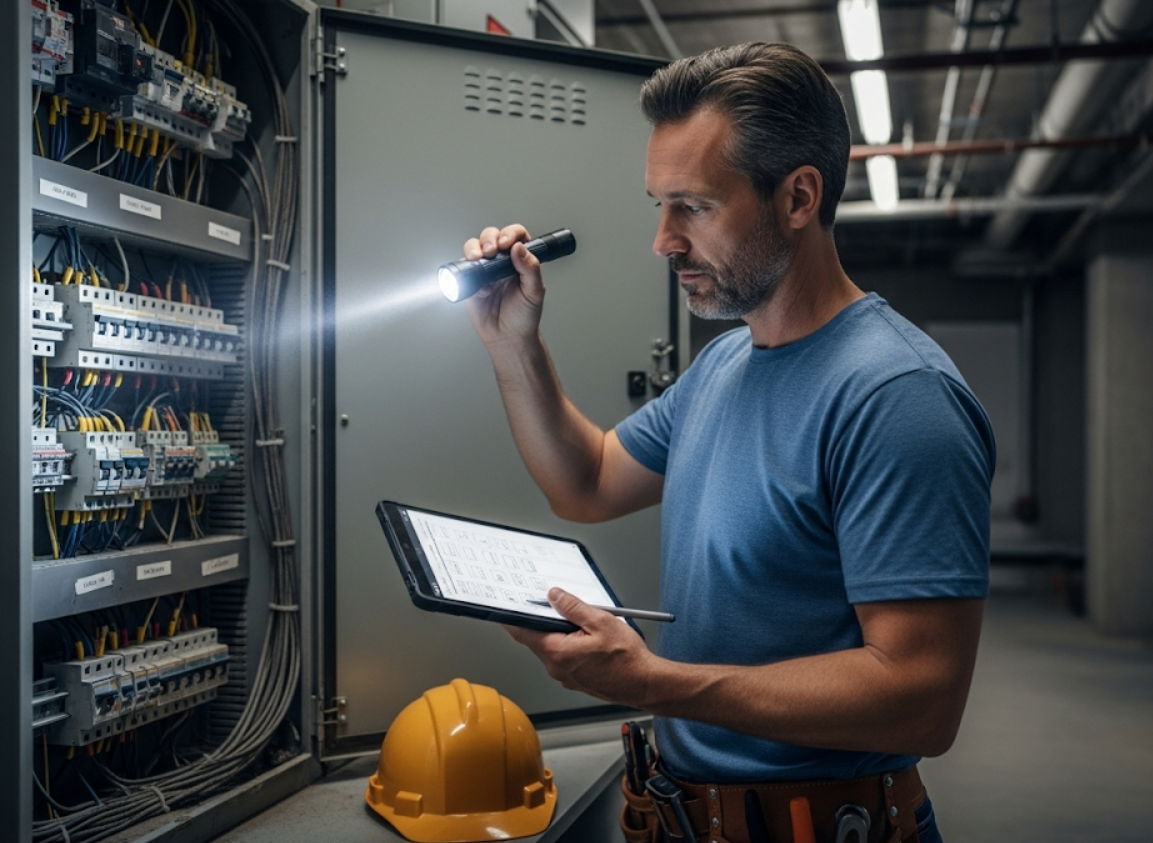 Inspector checking an electrical panel with flashlight, documenting conditions with a digital tablet
