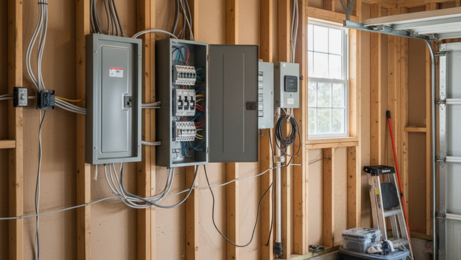garage interior with visible electrical wiring, breaker box, and wall framing
