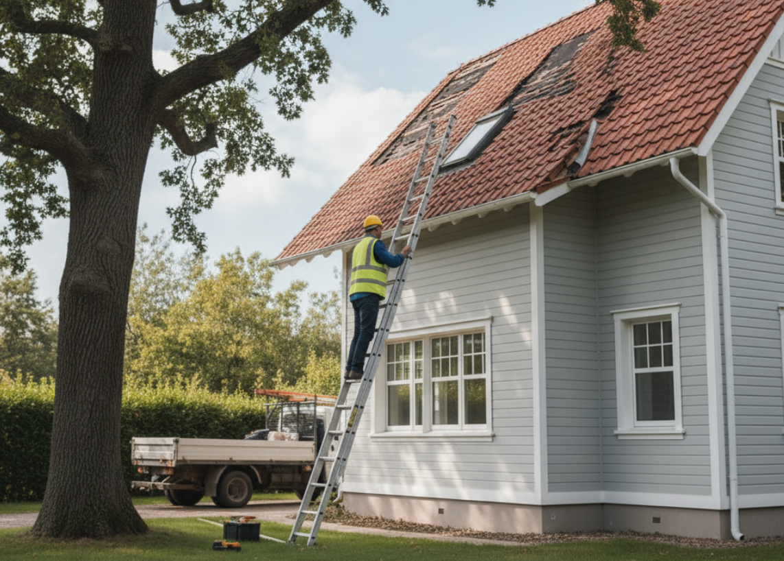 inspector climbing ladder to check roof shingles of a residential house
