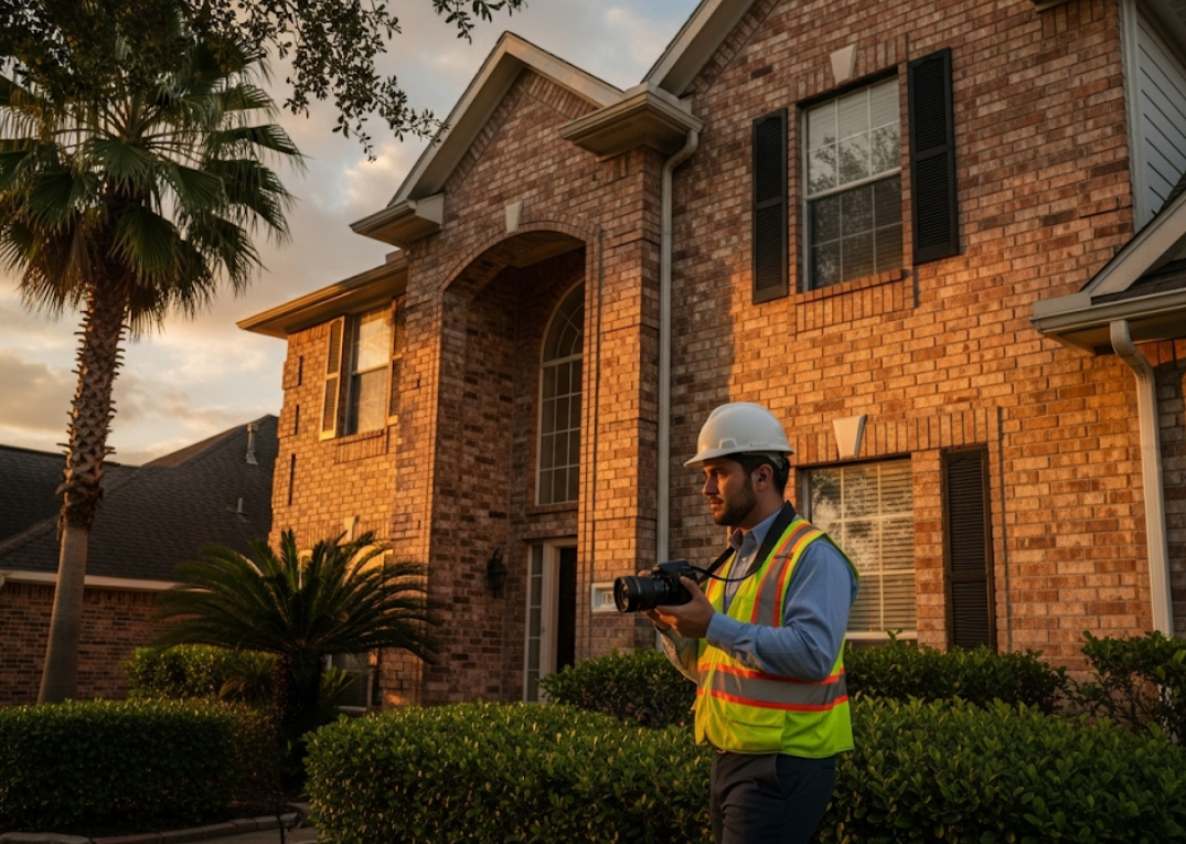Inspector walking around the exterior of a brick Baytown house, taking photos for documentation.