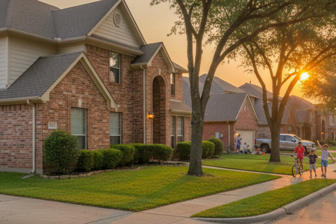 home exterior at sunset in a Greater Houston subdivision with brick houses, trees, and sidewalks
