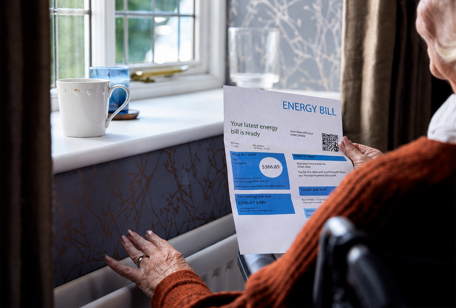 Woman reviewing a high energy bill at home, highlighting why an energy inspection Summerwood home