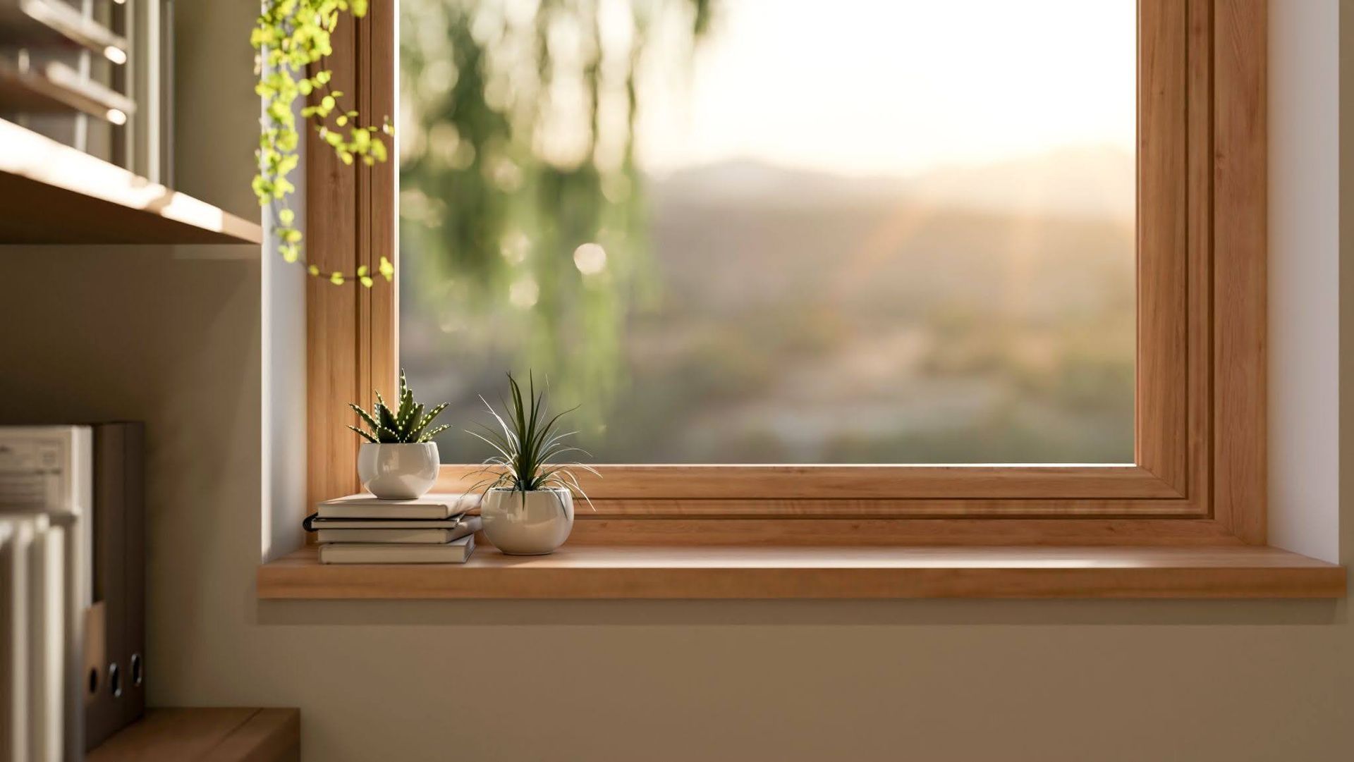 sunlight streaming through windows with two plant pots