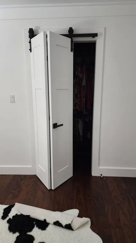 Partially open white door revealing a dark closet, with a black-and-white rug on the floor