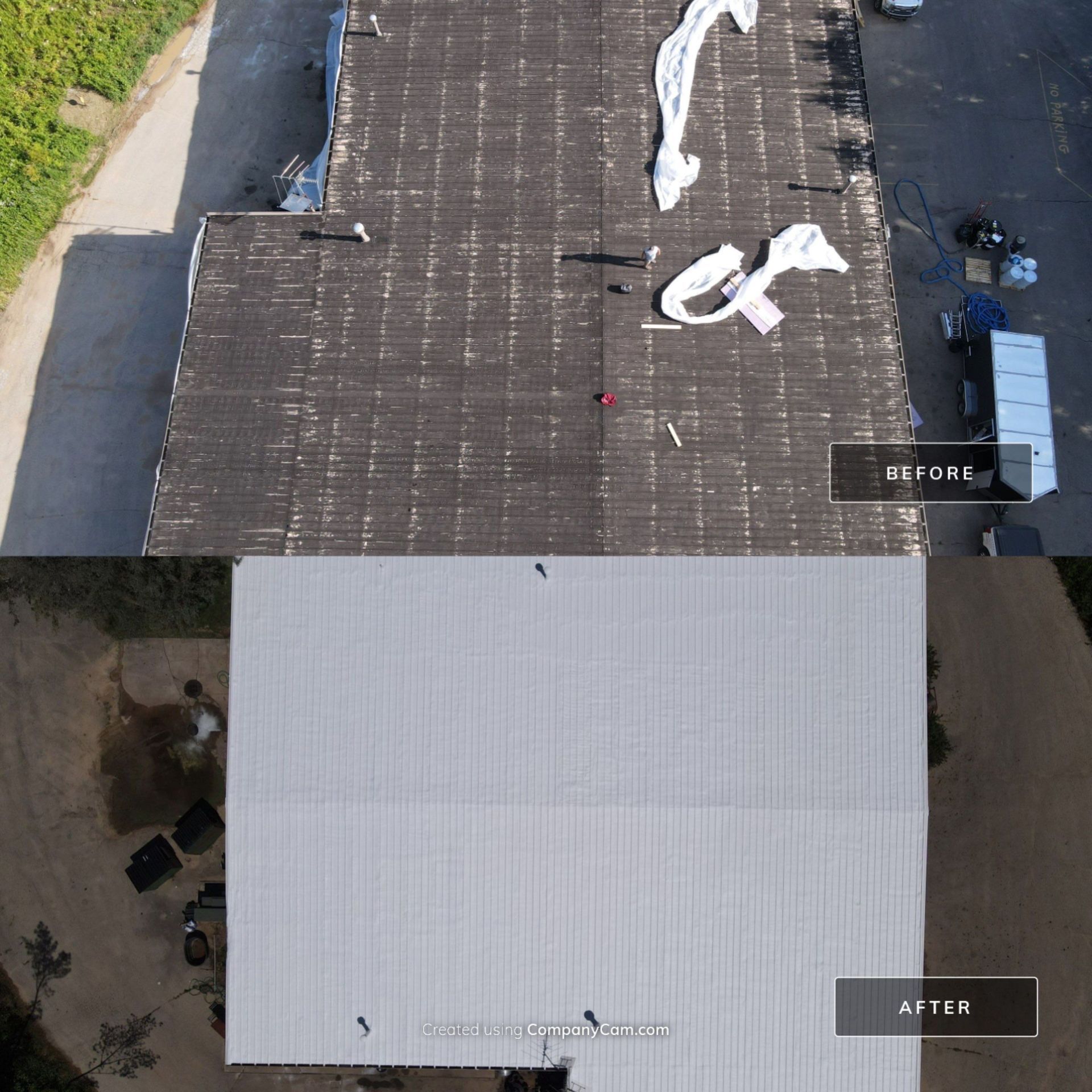 Before-and-after aerial view of a warehouse roof. Old, dark roof replaced with a new, white metal roof.
