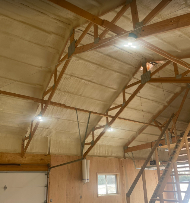 The ceiling of a building with wooden beams