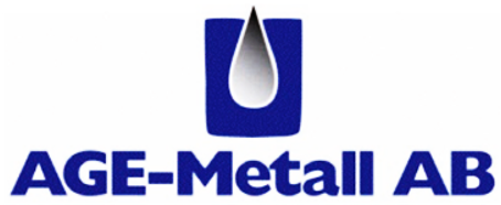 En blå och vit logotyp för age-metall ab