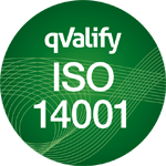 En grön cirkel med certifikat: ISO 14001