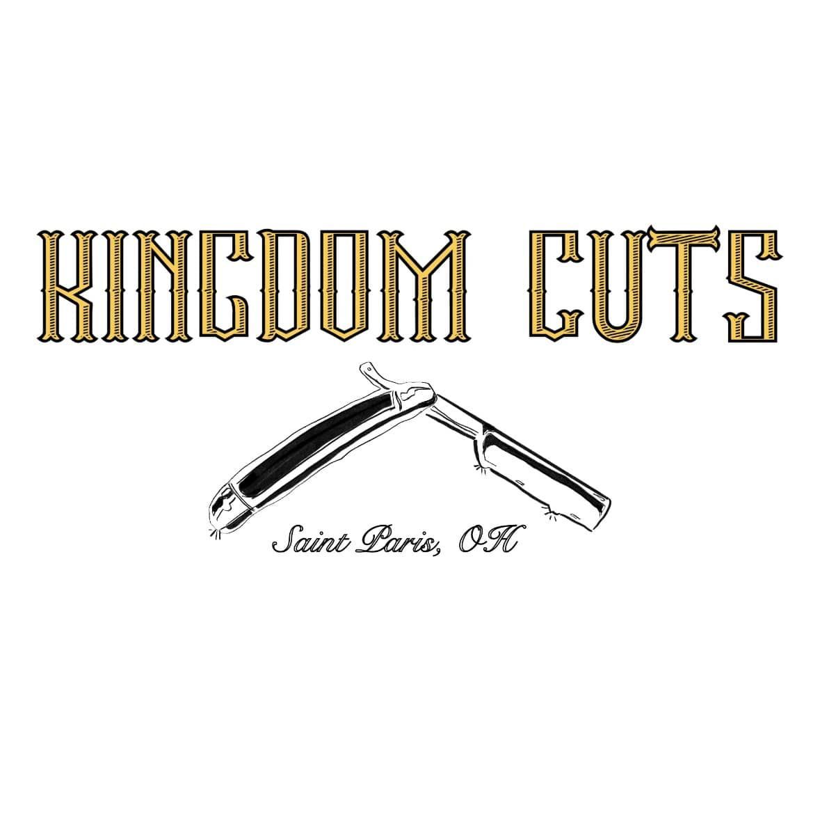 Logo for Kingdom Cuts, Saint Paris, OH. Features text above a straight razor illustration.