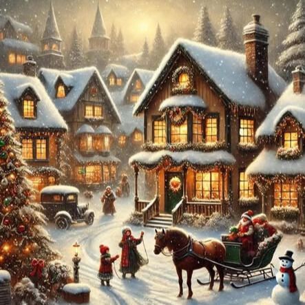 Snowy village scene with festive homes, a horse-drawn sleigh, and figures near a decorated Christmas tree.