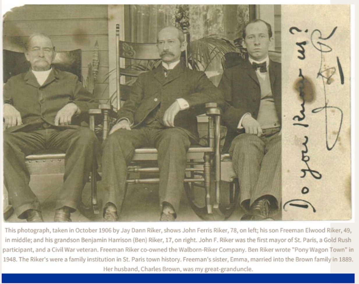 Three men seated in chairs. Written text on photo bottom and right. Possibly from St. Park, Utah, 1890s.