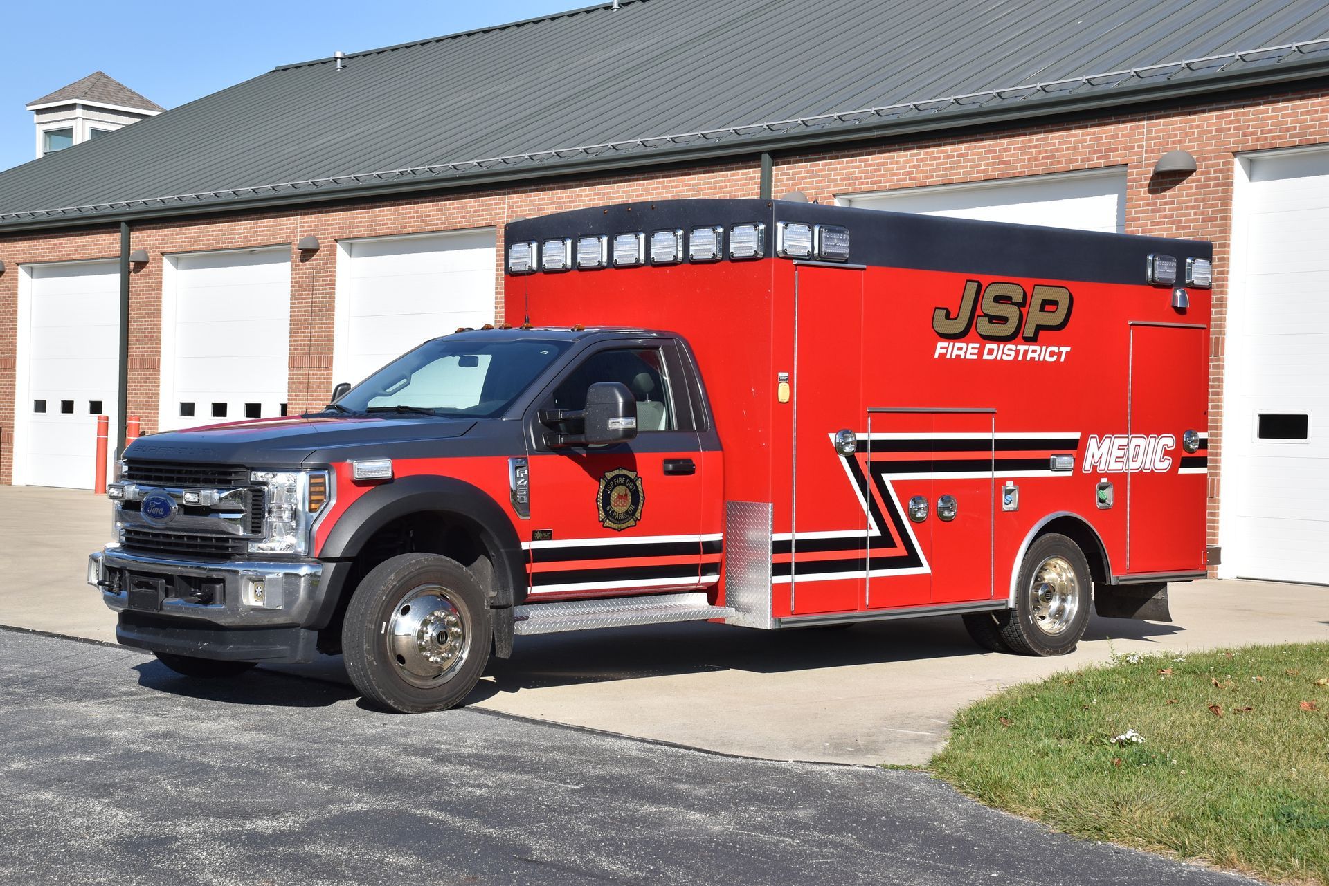 Red and black fire truck with 