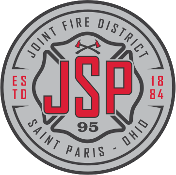 Joint Fire District, Saint Paris, Ohio logo. Gray and red with Maltese cross design. 