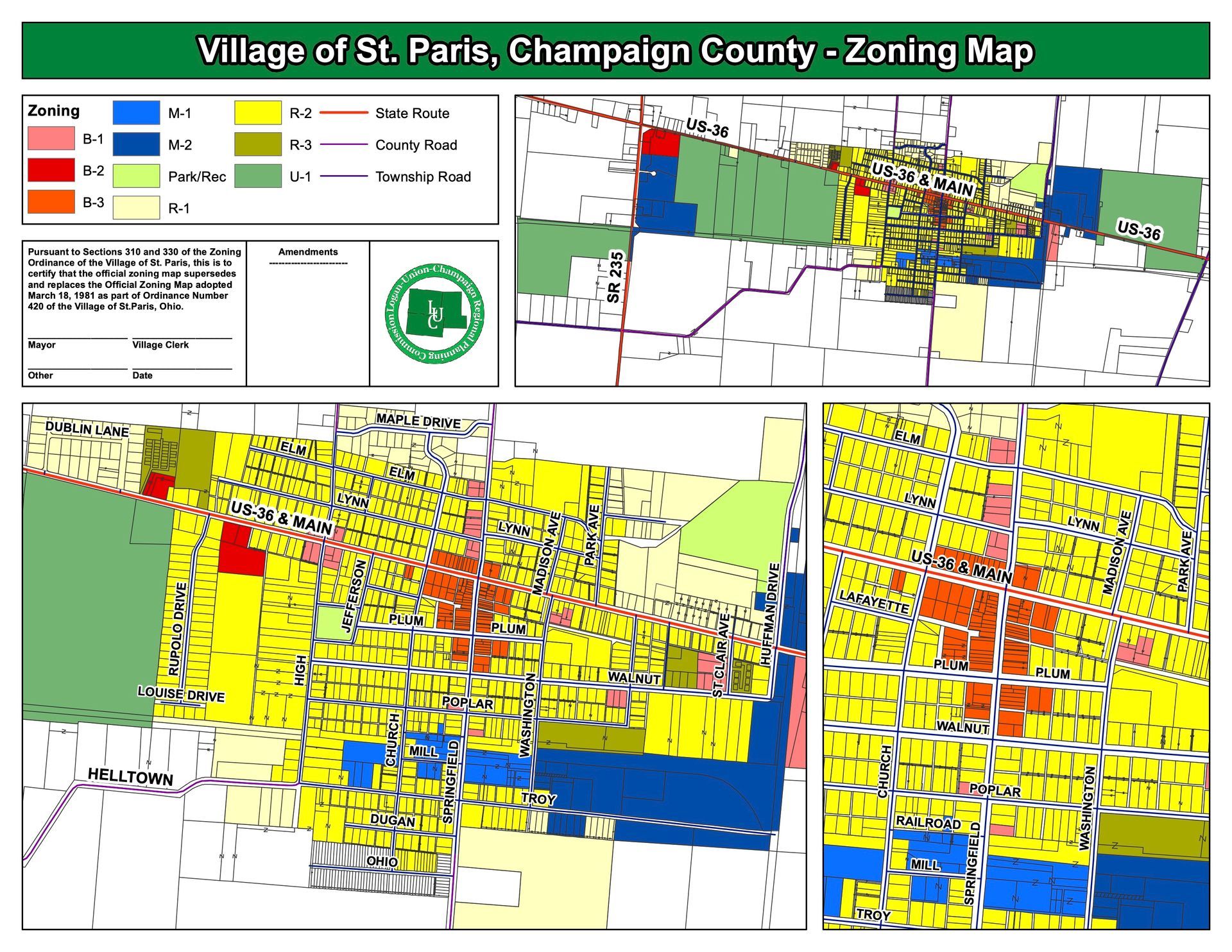 Zoning map of St. Paris, Champaign County, Ohio, with different colored areas representing zoning districts.