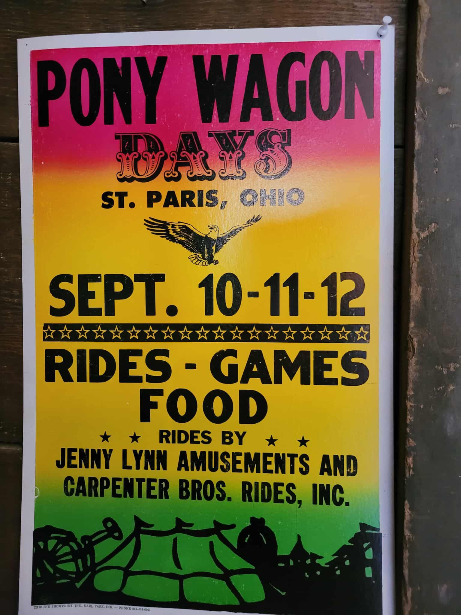 Poster for Pony Wagon Days in St. Paris, Ohio, featuring rides, games, and food from September 10-12.