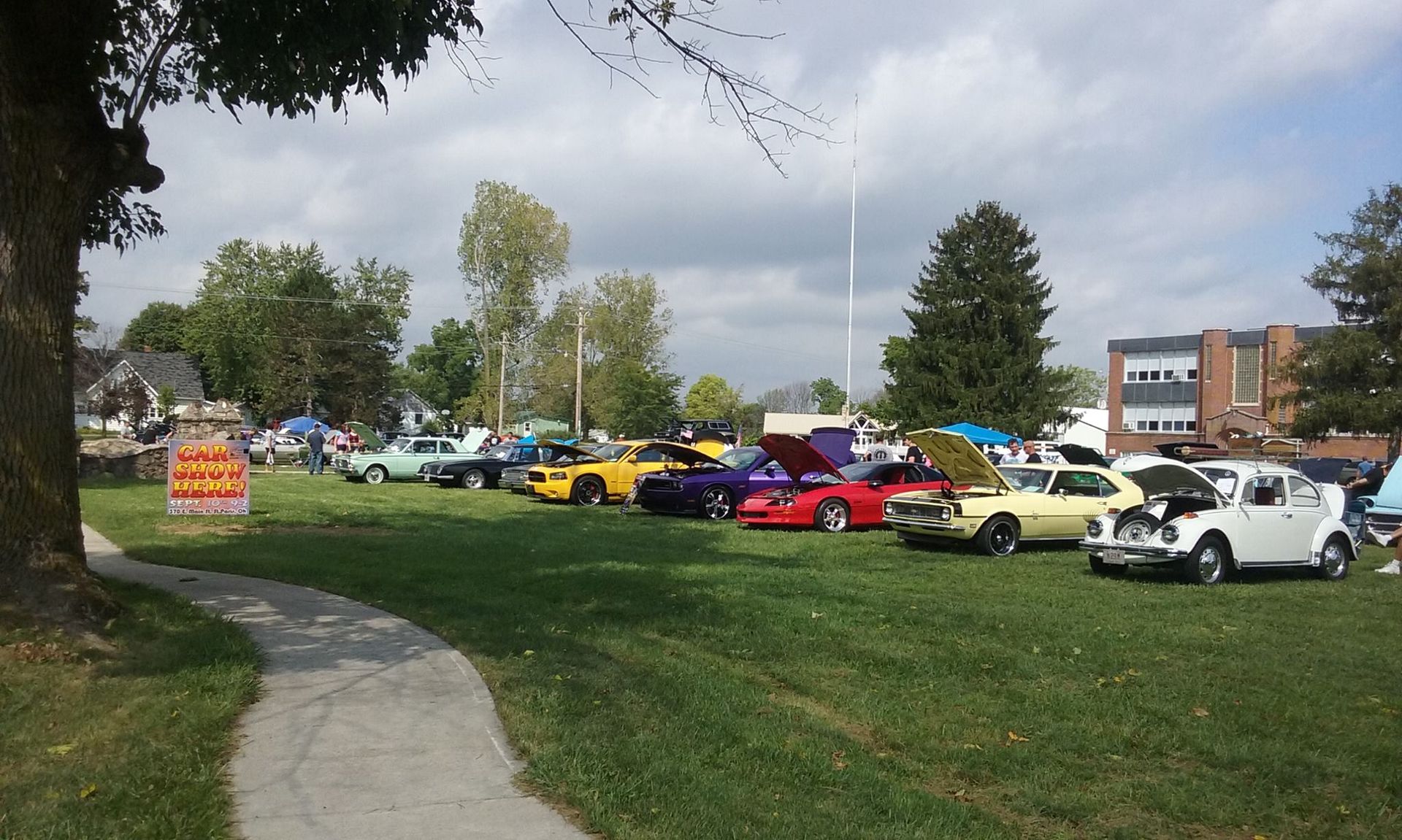 Car show on a grassy field with various colorful cars parked, a tree in the foreground, and a building in the background.