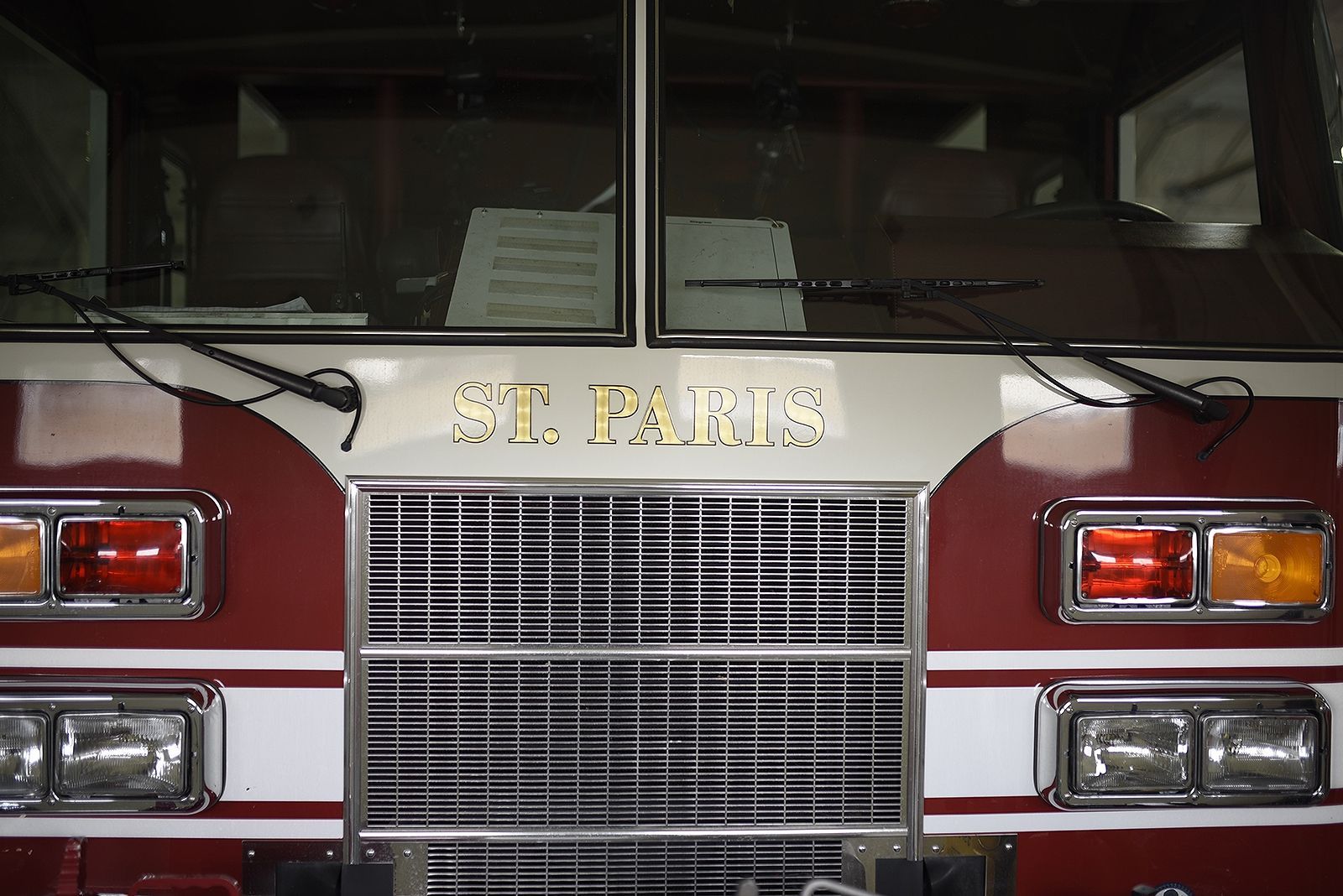 Fire truck front, maroon and white,