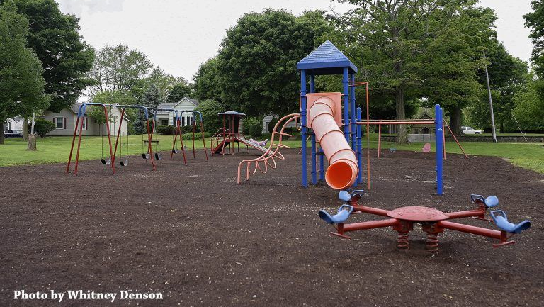 Playground with slides, swings, and climbing structures, set in a park with trees and houses in the background.