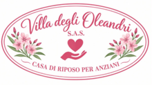 Logo ovale rosa di “Villa degli Oleandri S.A.S.” con fiori e testo “Casa di riposo per anziani”