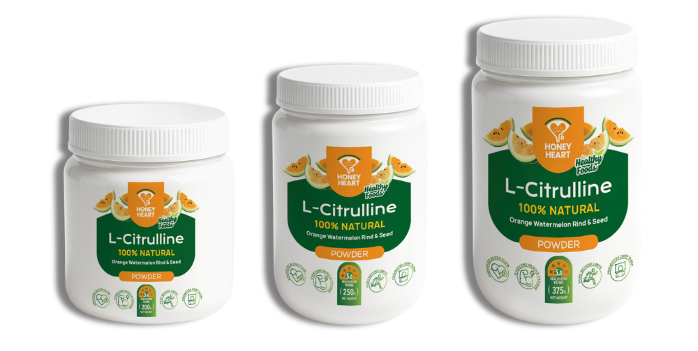 Three bags of honey heart l-citrulline pro 100 % pure on a white background.