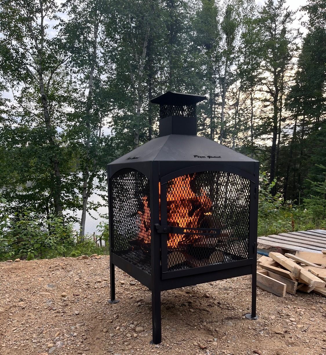 Foyer noir avec des flammes brûlantes, installé à l'extérieur près d'un lac et d'arbres.