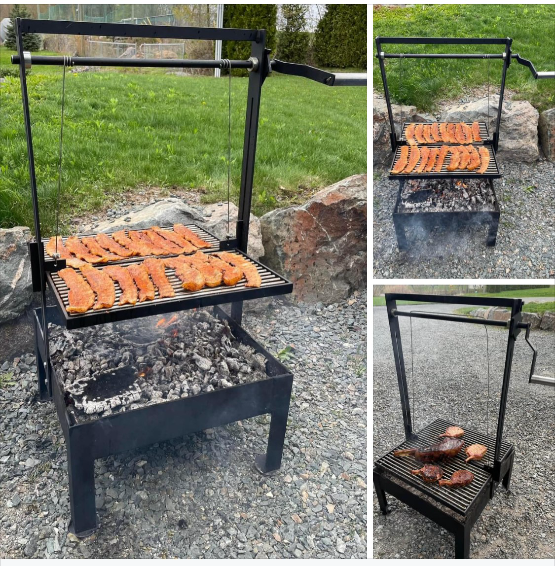 Trois vues d'un gril extérieur avec rôtissoire : cadre en métal noir, cuisson de la viande sur des charbons ardents, cour verte.