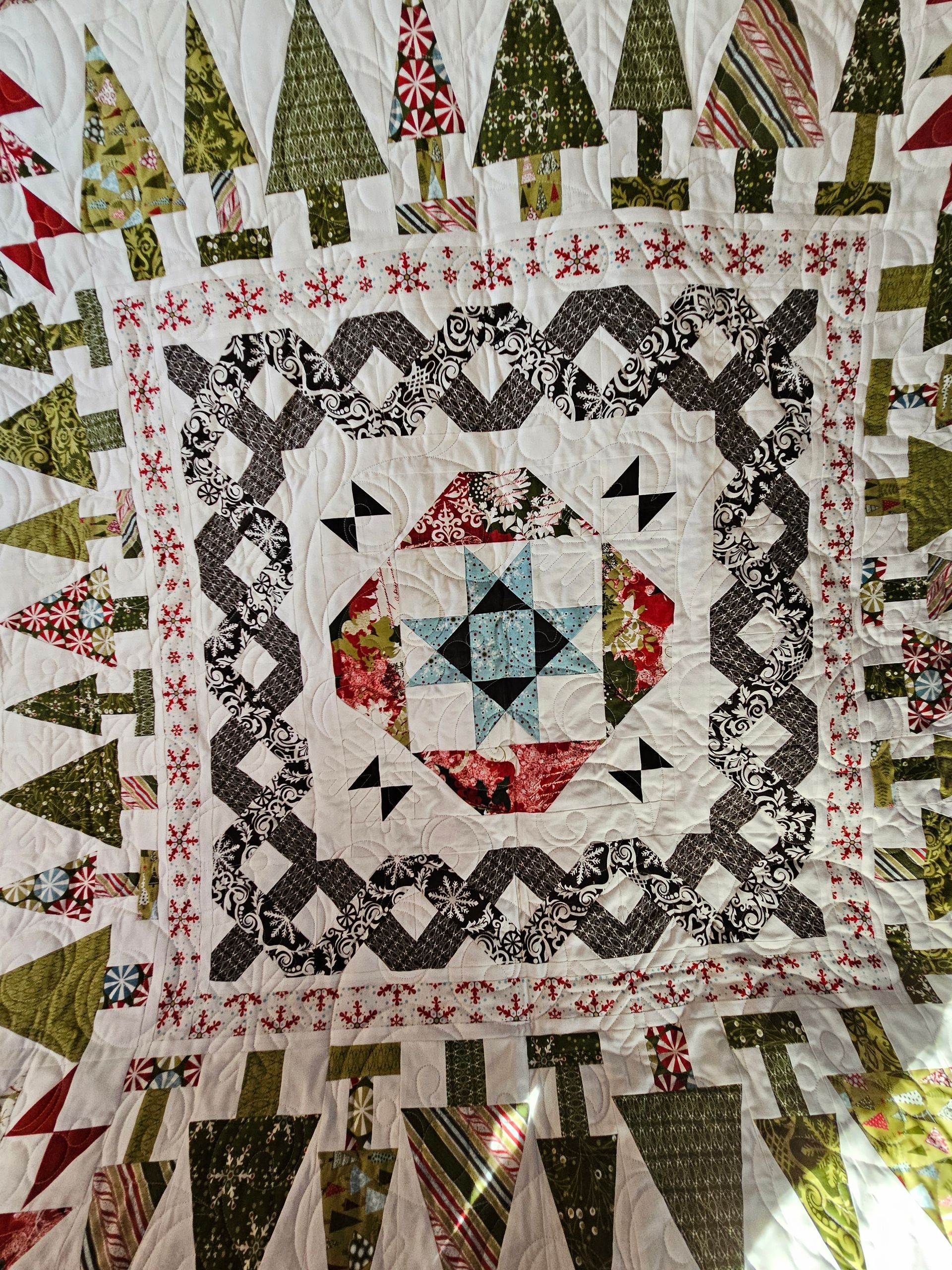 Colorful patchwork quilt with a central star pattern and green tree border