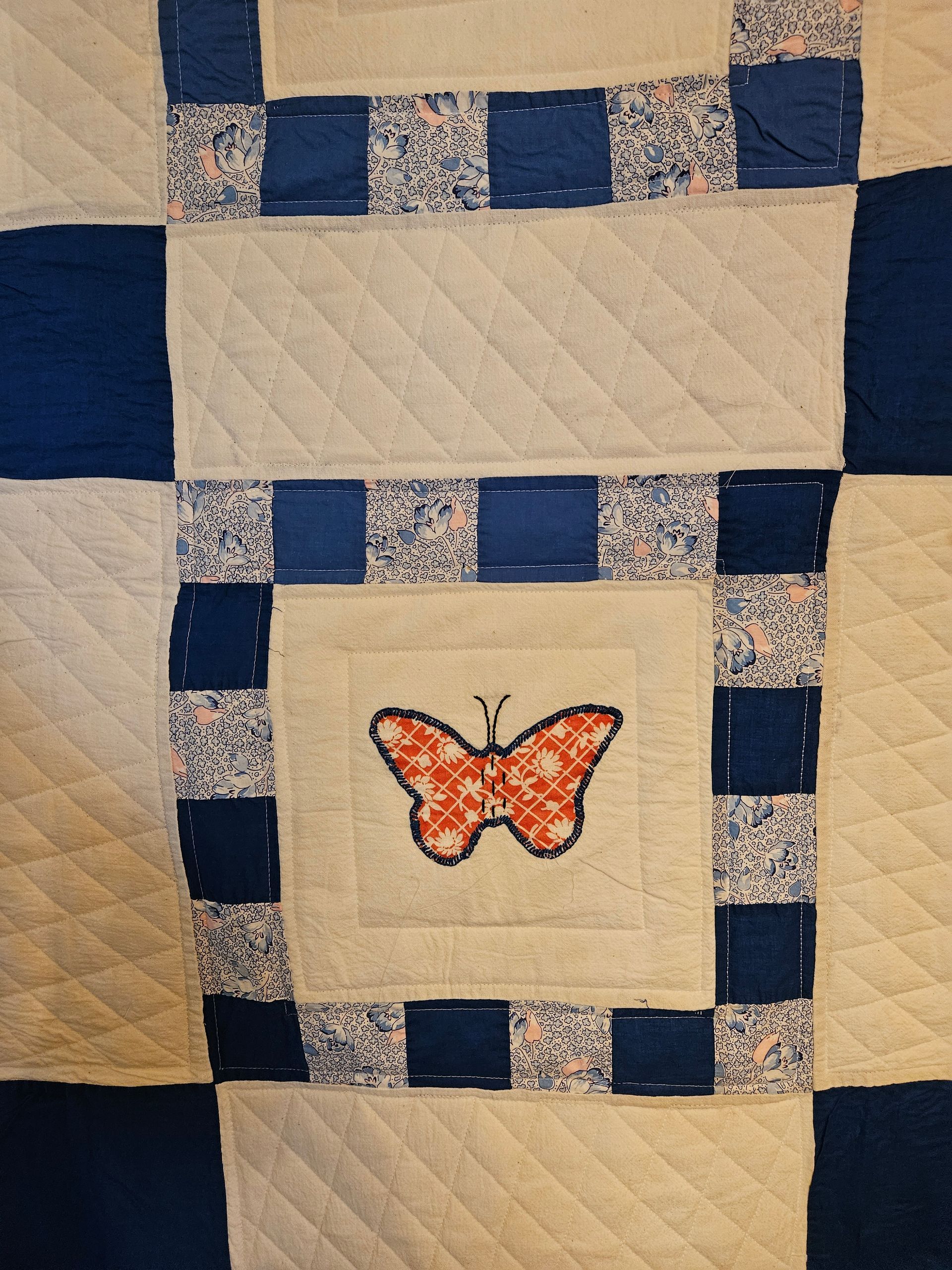 Orange butterfly quilt block with blue checkered border on beige fabric