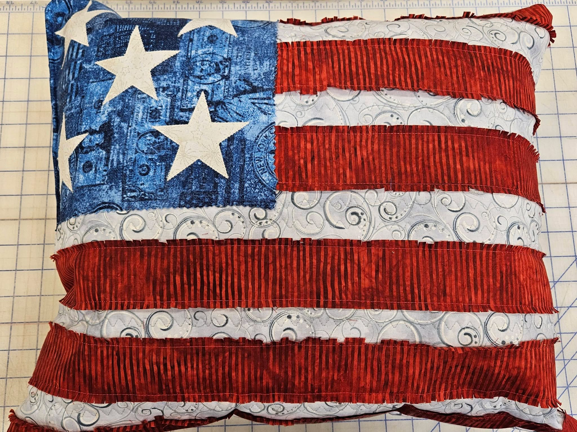 Distressed American flag with two white stars on blue and red-and-white stripes.