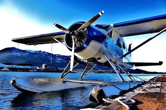 Seaplane parked on a snowy lakeshore with mountains in the background