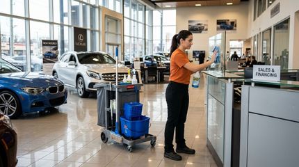 Auto dealership cleaning technician disinfecting sales and financing counter area.