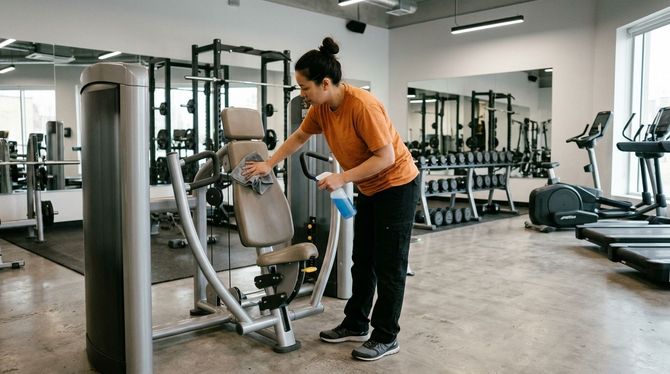 Commercial cleaner sanitizing gym weight machine during routine fitness center cleaning.