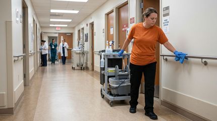 Hospital cleaning technician disinfecting hallway handrails in medical facility.