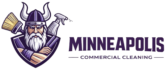 Minneapolis Commercial Cleaning logo featuring Viking mascot holding broom and spray bottle.