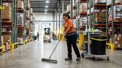 Warehouse cleaning staff sweeping industrial aisle beside storage racks.