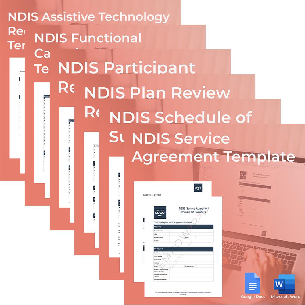 Collection of NDIS document templates, including functional capacity, plan review, and service agreements.