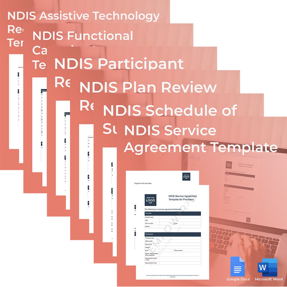 Stack of NDIS documents: assistive technology, functional capacity, participant, plan review, schedule, and service agreement template.