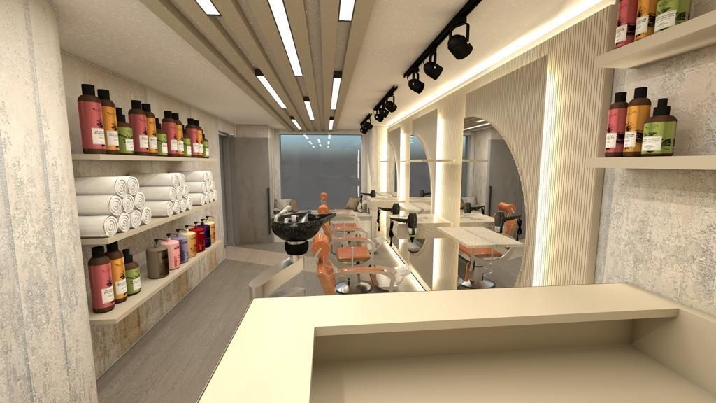 Künstlerische Darstellung eines Friseursalons mit Regalen voller Haarprodukte.