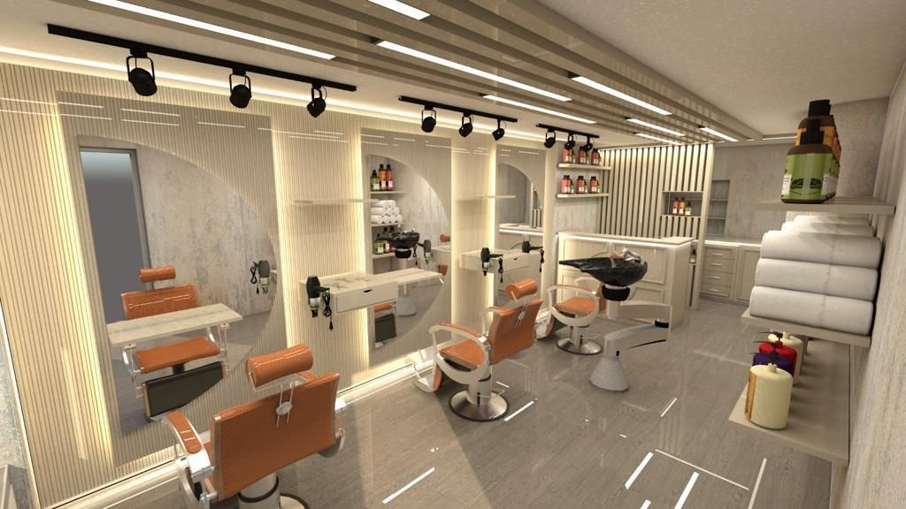 Eine 3D-Darstellung eines Friseursalons mit vielen Stühlen und Spiegeln.
