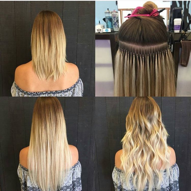 Eine Collage aus vier Bildern der Haarverlängerungen einer Frau