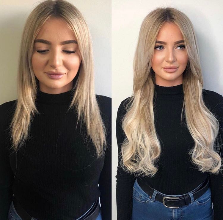 Ein Vorher-Nachher-Foto einer Frau mit blonden Haaren
