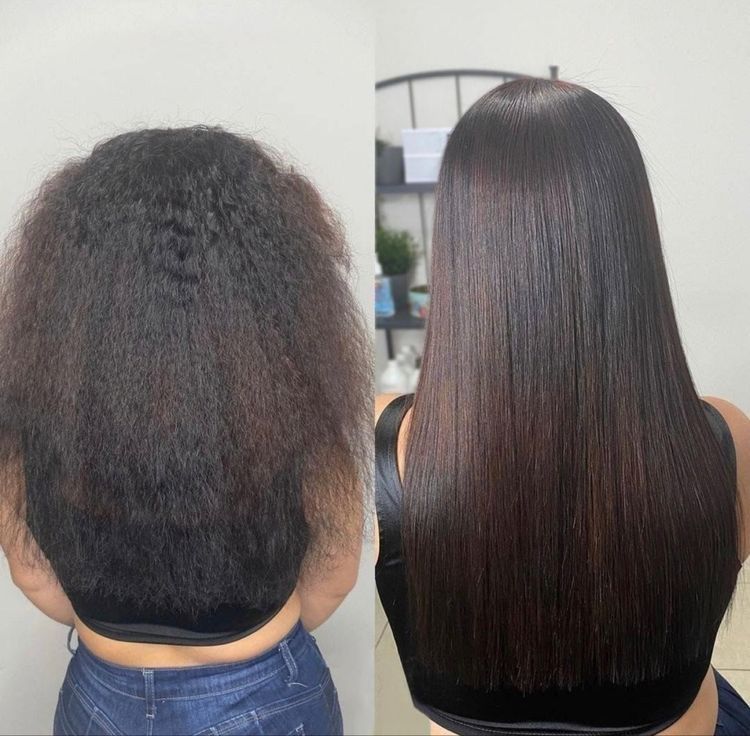 Ein Vorher-Nachher-Foto der Haare einer Frau.