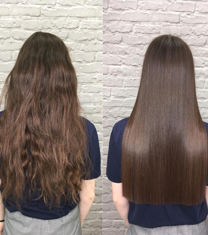 Ein Vorher-Nachher-Foto der Haare einer Frau.