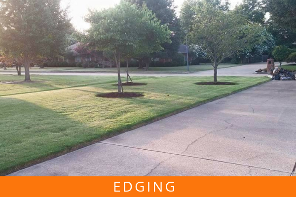 Lawn edging along a sidewalk beside trees and a driveway, with an orange “EDGING” label at the bottom.