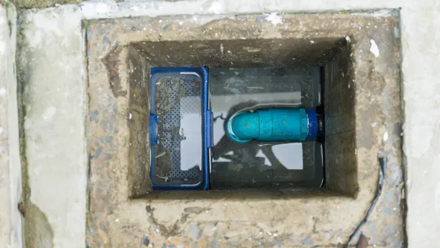 Blue plastic bottle beside a wire basket inside a concrete drain opening