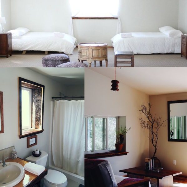 Collage of a bright bedroom and bathroom with white linens, wood furniture, and natural light
