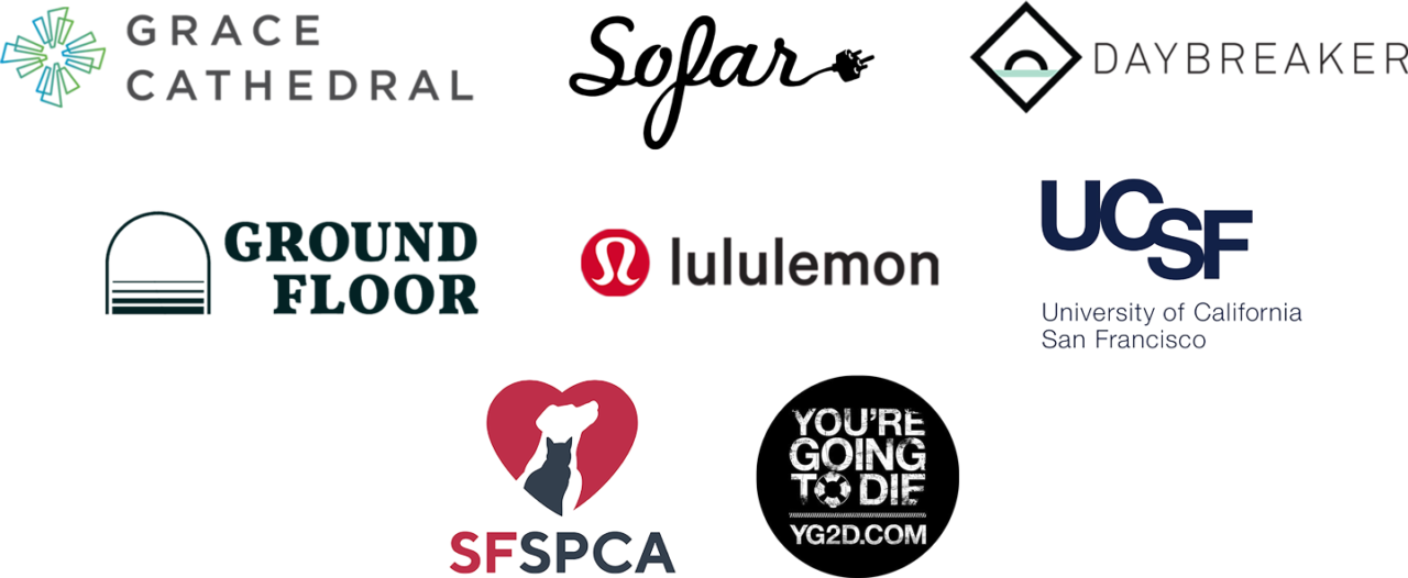 Sponsor logos for Grace Cathedral, SoFar, Daybreaker, Ground Floor, lululemon, UCSF, SFSPCA, and You're Going to Be Fine